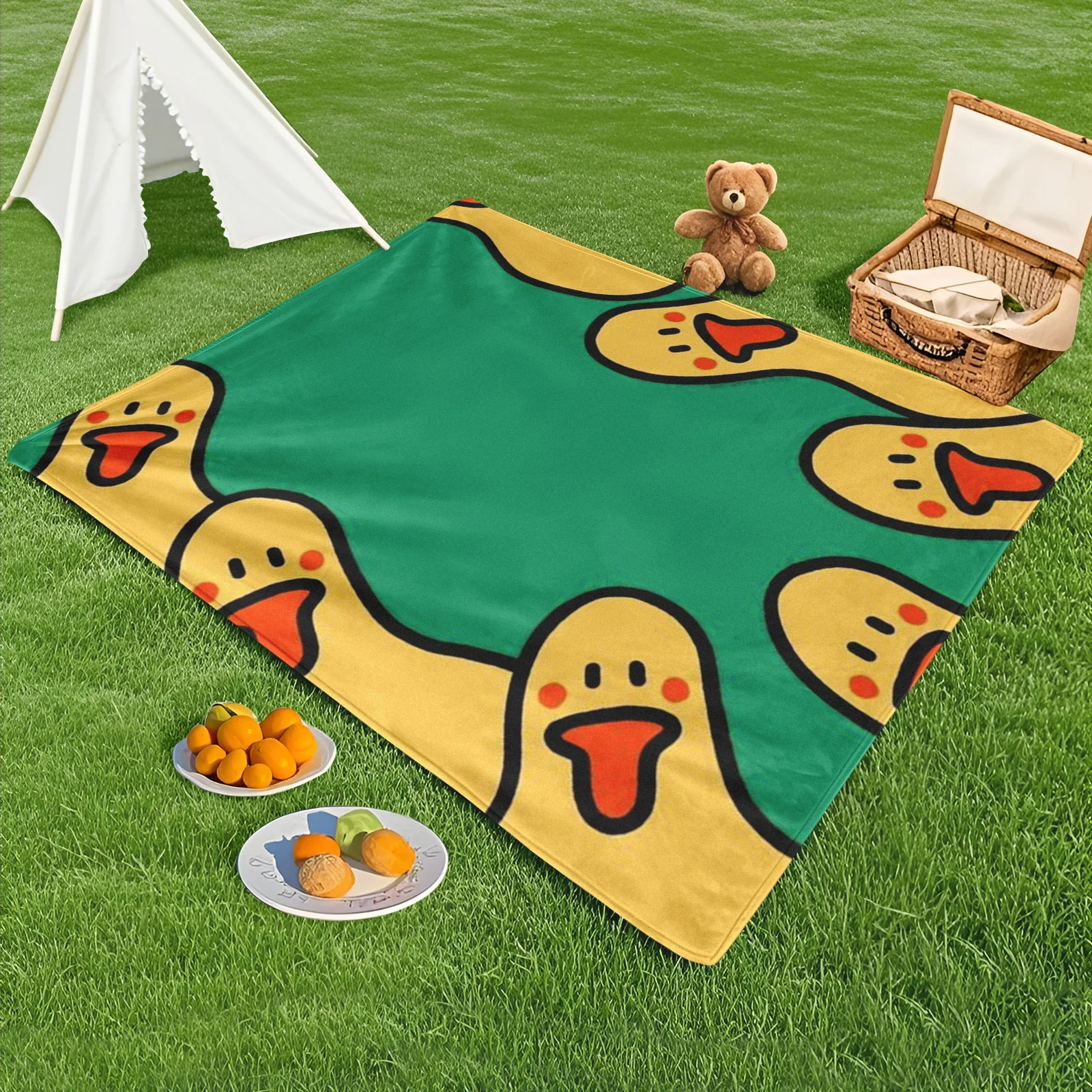 

Duck Themed Outdoor Blanket With Yellow Green Background And Red Accents For Vibrant Picnic Style
