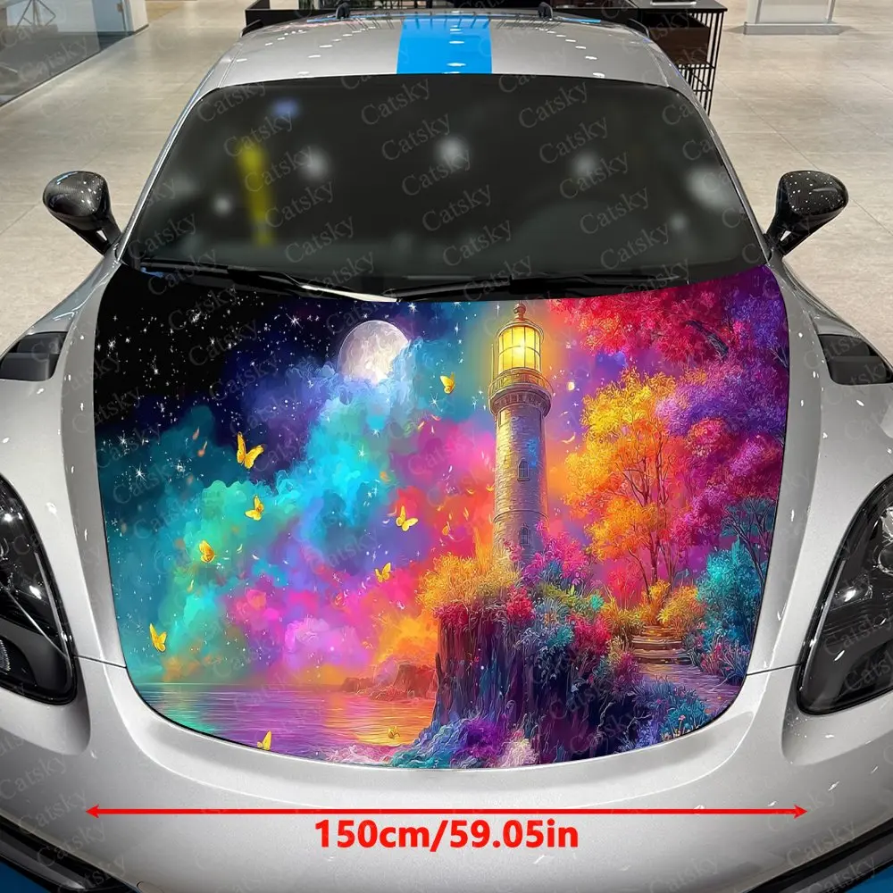 Colorful Lighthouse Car Vinyl Wrap, PVC Material Waterproof Car Hood Sticker, Self-Adhesive Scratch-Resistant Stickers for Engin