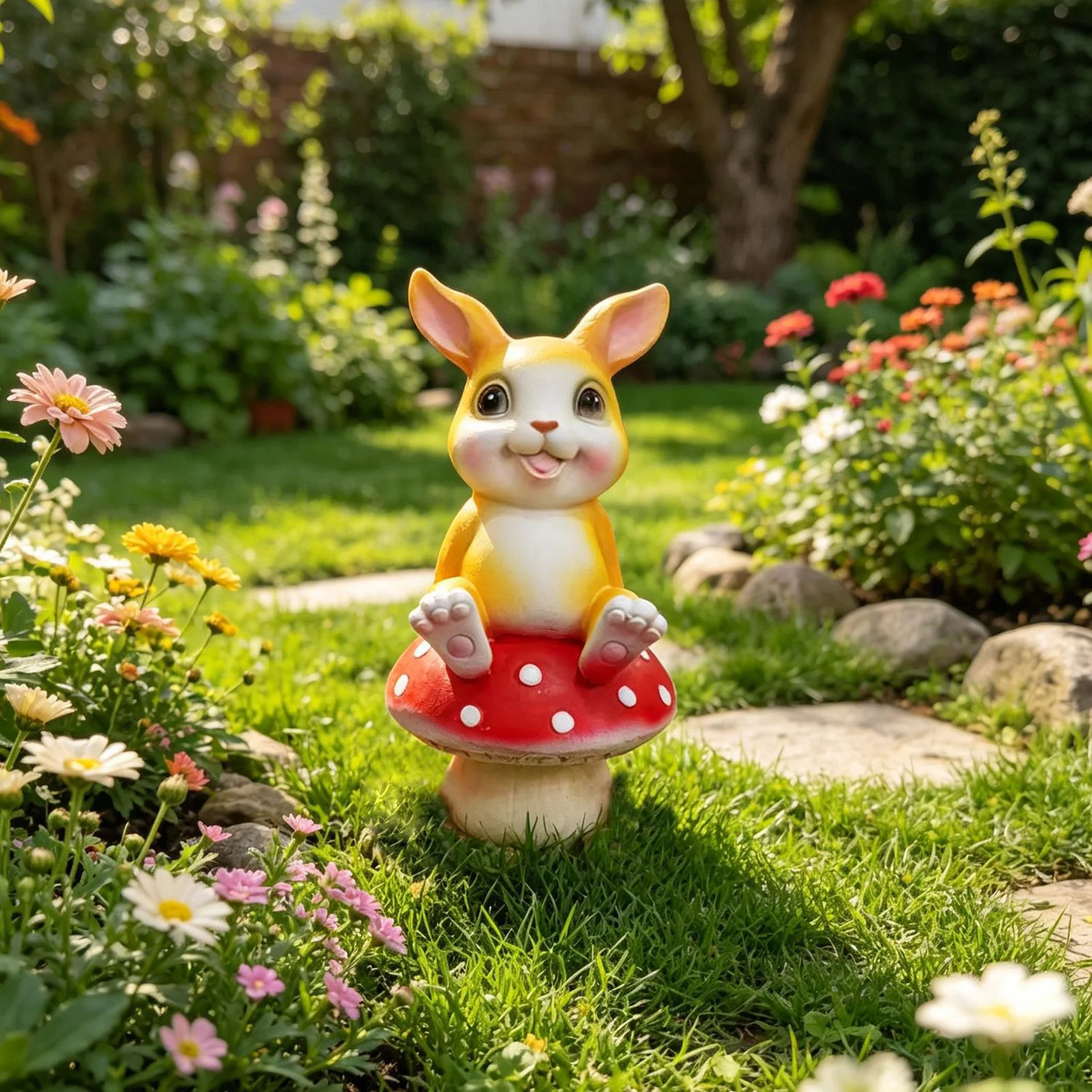 Resin Mushroom Rabbits Garden Ornament For Outdoor Courtyard Balcony Decoration Weatherproof Design