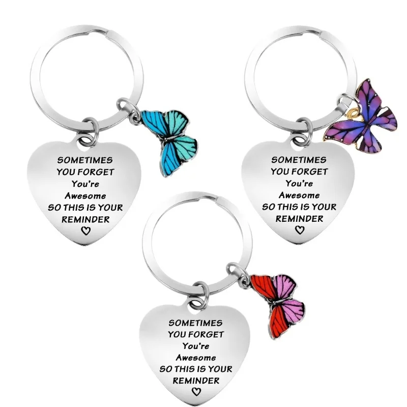 Stainless Steel Keychain Women Inspirational Key Chain Gift Letter Love Butterfly Keyring Suitable for Wallet Car Key