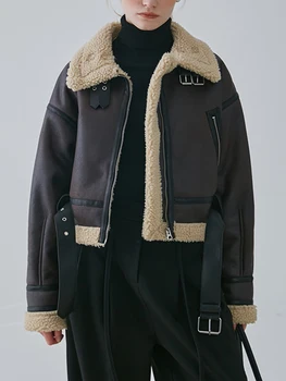 Ailegogo Vrouwen Vintage Losse Dikke Warme Faux Lamsbont Jas Herfst Winter Dames Gesplitst Rits