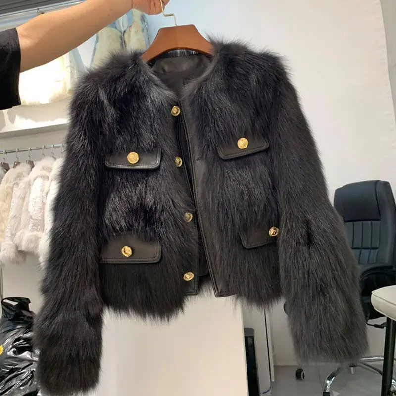 Autumn Winter Short Faux Fur Ladies Coat Round Neck Long Sleeves Fur Female Jacket New Thickening Plush Women Outwear