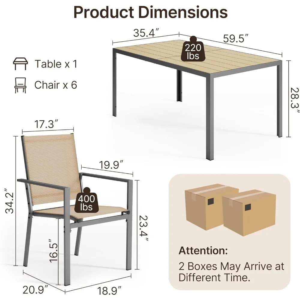 Conjunto de mesa e cadeiras de pátio para 6, conjunto de jantar ao ar livre inclui mesa de pátio retangular de 59,5" com orifício para guarda-chuva lateral e 6 têxteis
