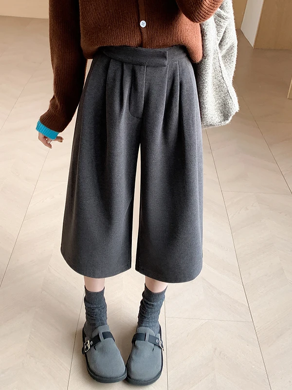 Gray Woolen Wide Leg Seven-Foot Pants Women's Autumn Winter New Straight Leg Pants Boot Pants High Waist Casual Trousers