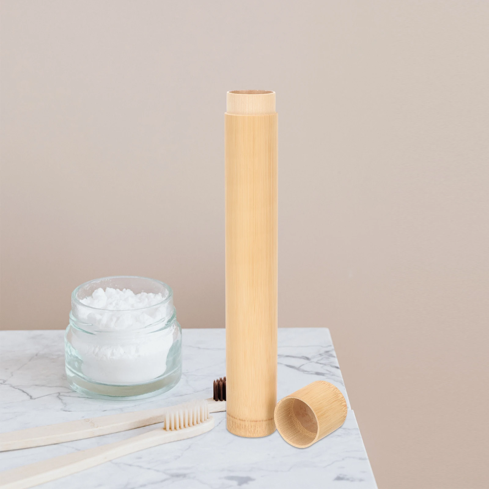 Soporte portátil para cepillos de dientes de bambú, Mini contenedor para viaje, ventosa, caja cilíndrica, solución de almacenamiento al aire libre para Hotel, duradera