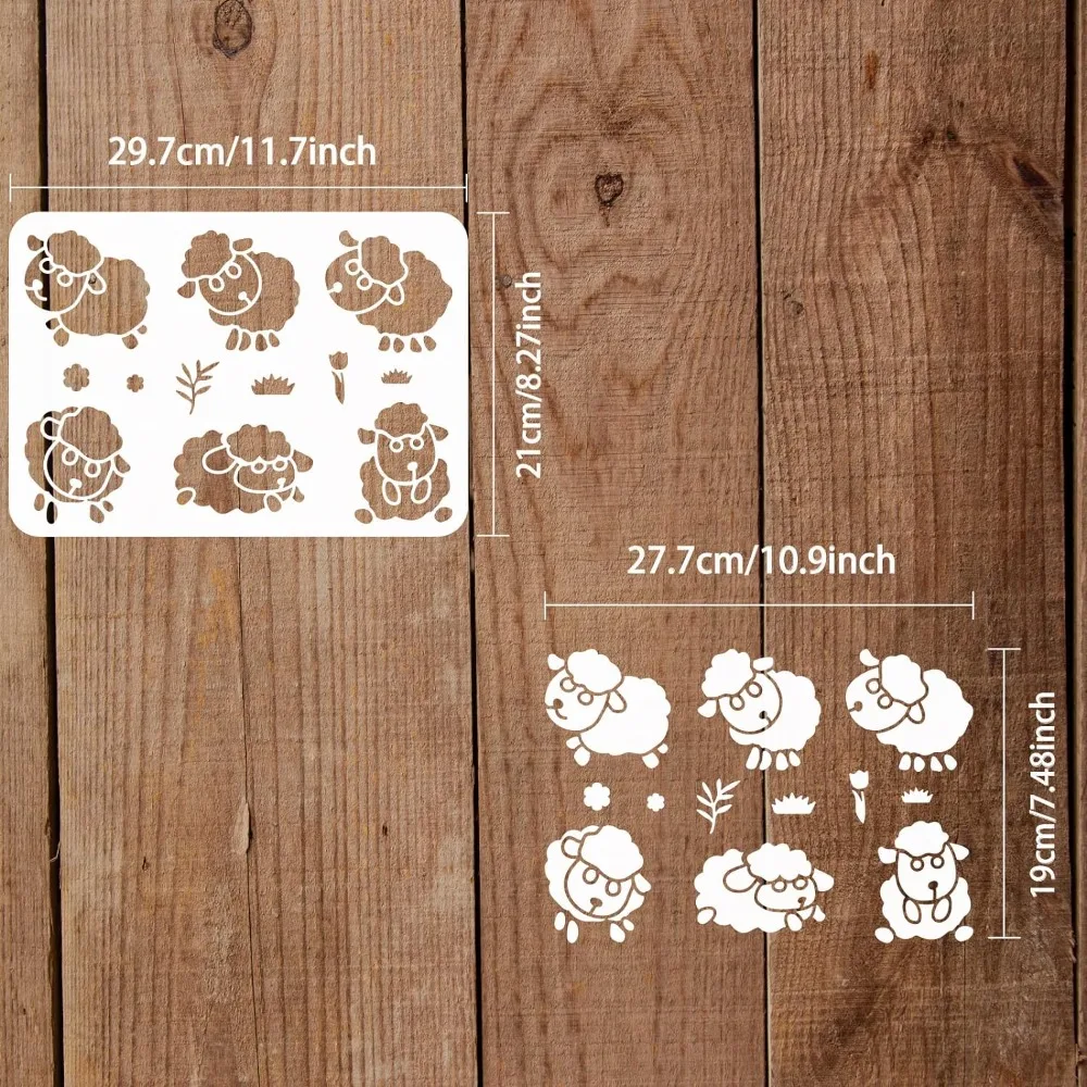 6 Poses Sheep Stencils for Painting 11.7x8.3 inch Large Reusable Farm Sheep Stencil Templates Cute Lamb Stencil with Flower