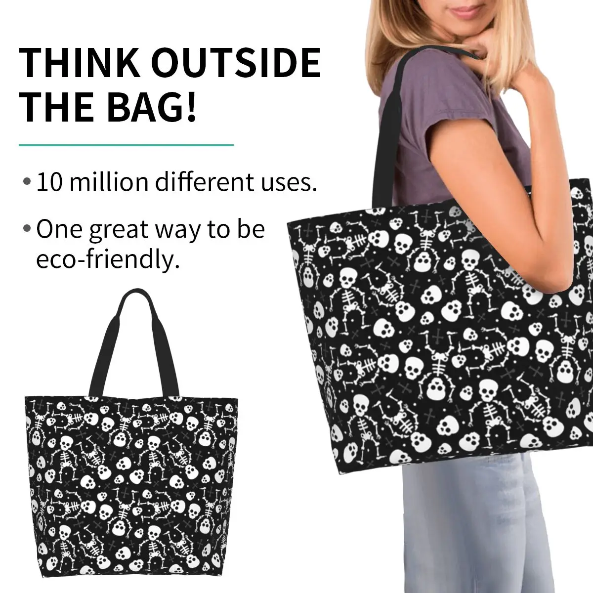 Skull Floral Rose Thorn Gothic Shopping Tote Bag Canvas Large Capacity Shoulder Bags Shopper Grocery Handbag for Women
