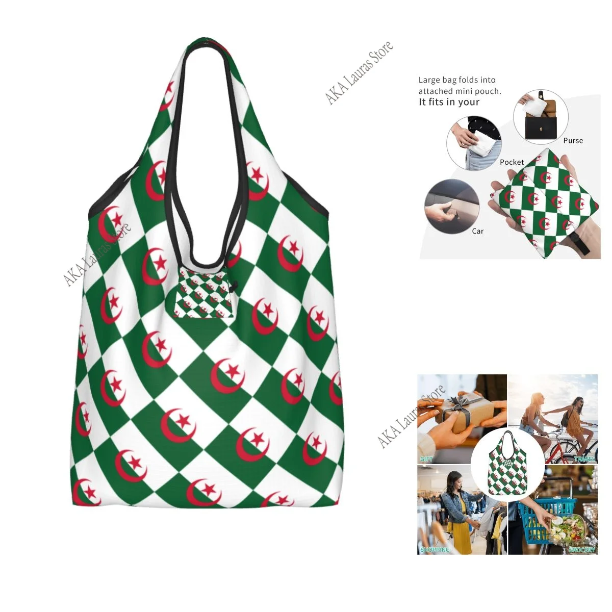 Algerian Flag Grocery Shopping Bag Shopper Tote Shoulder Bag Large Handbag