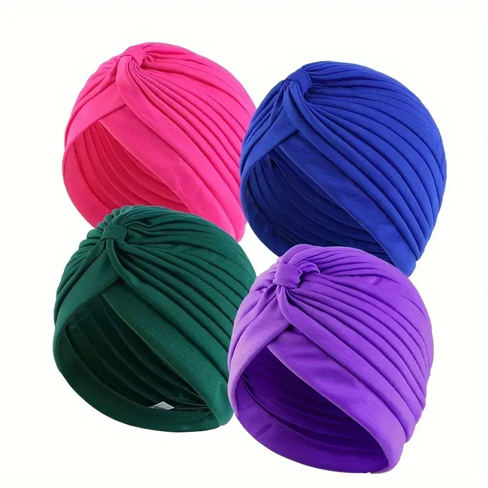 4pcs/set Solid Color Turban Cap Elastic Bonnet Head Scarf Women Chemo Hats Casual Pleated Head Wrap