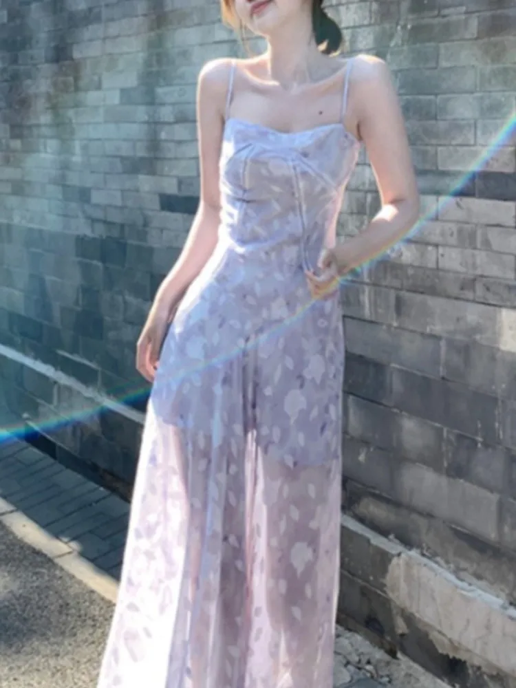 Elegant Floral Fairy Dress Women Casual Sweet Y2k Clothing Sexy Strap Dress Even Party One Piece Dress Korean Chic Sleeveless