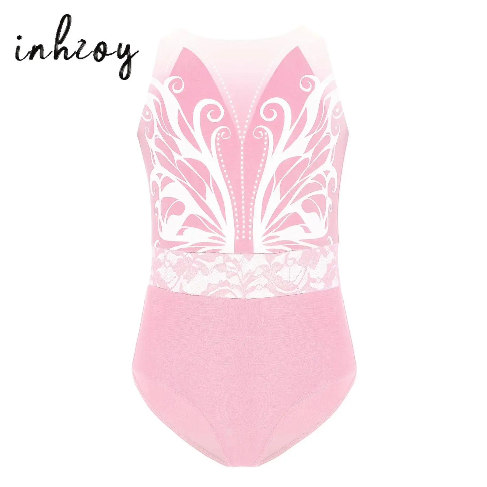 

Kids Girls Lace Waist Gymnastics Ballet Leotard Round Neck Sleeveless Shiny Rhinestones Printed Bodysuit for Stage Performance