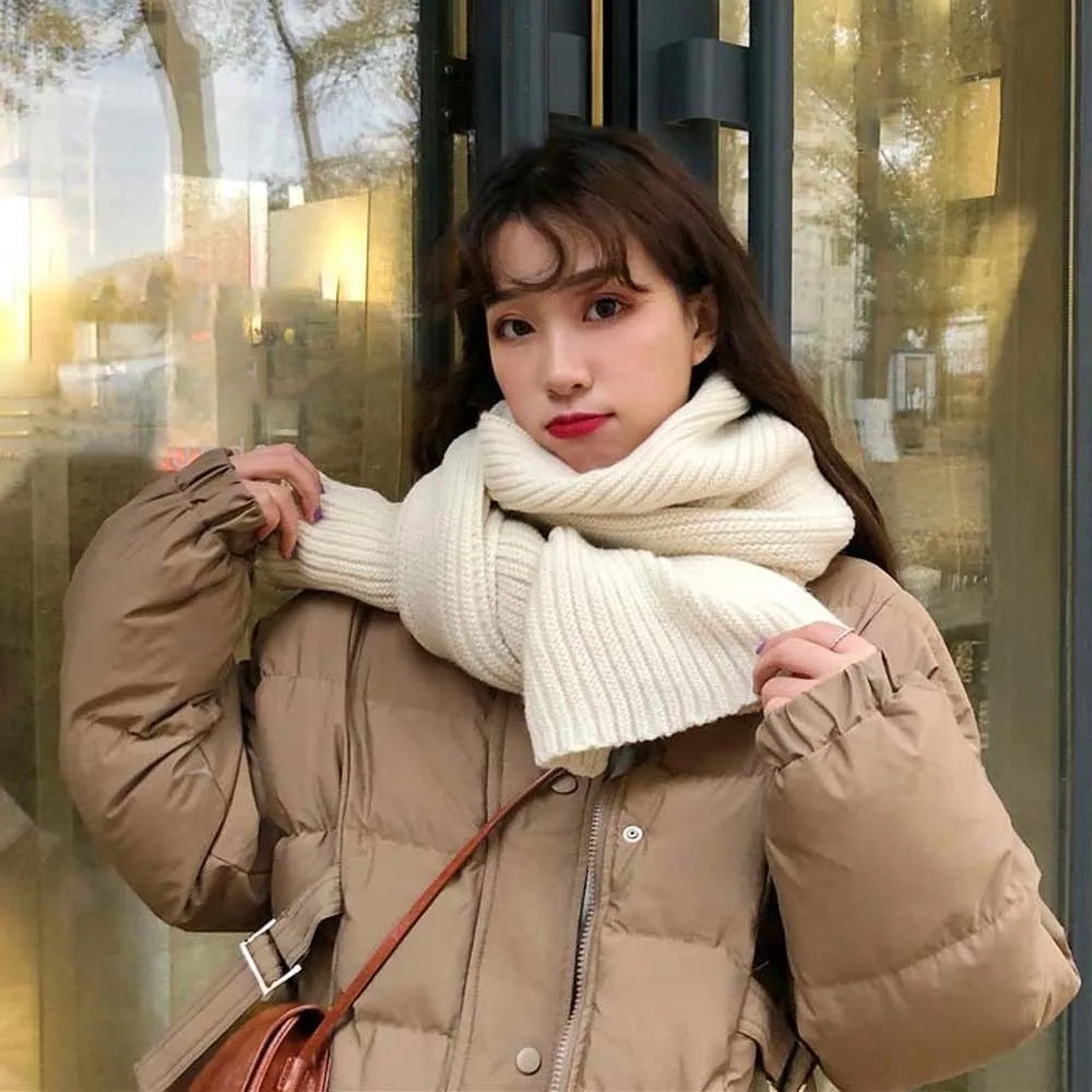 

Acrylic Fibers Knitting Wool Scarf Polyester Solid Color Long Thickened Neckscarf Spandex Cold-proof Winter Warmer Scarf Women