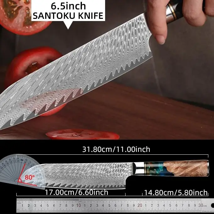 Cuchillo de Chef de Damasco, utensilio japonés de acero con alto contenido de carbono VG10, cuchillo de cocina con mango de resina azul, caja de regalo