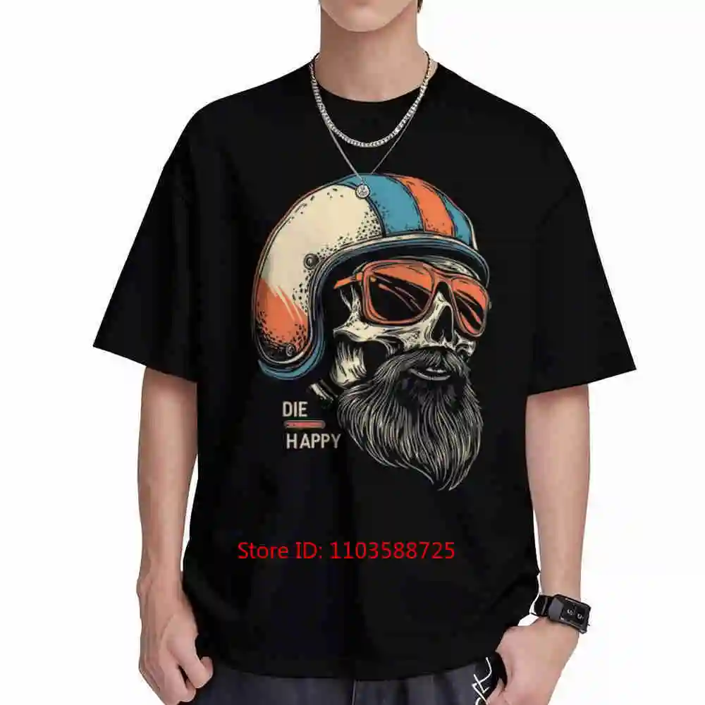 Motorcycle Skull Helmet Beard Biker Die Happy Short Sleeve Tee 100% Cotton T-Shirt