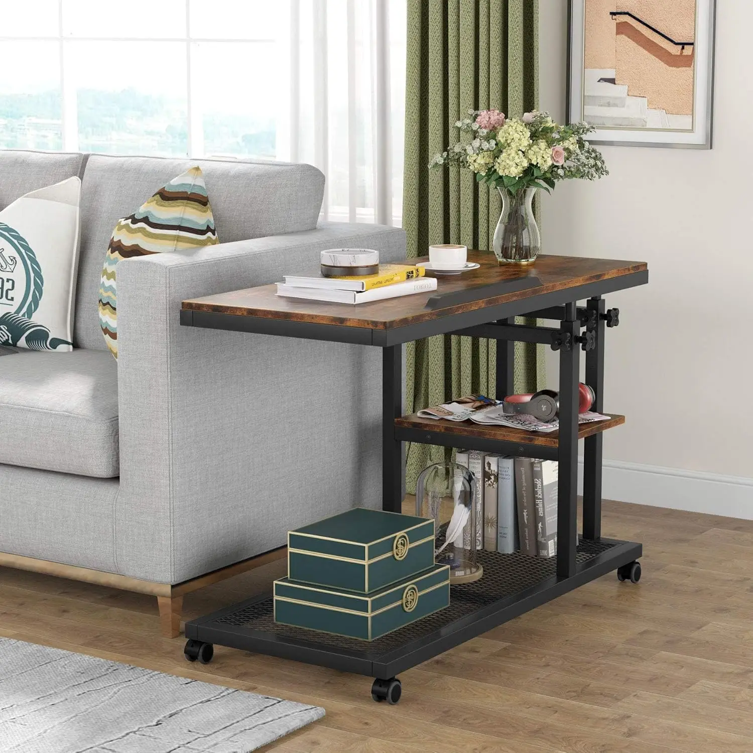 Height Adjustable C Table with Wheels, Mobile Couch Snack Side Table with Tiltable Drawing Board,with Storage Shelves