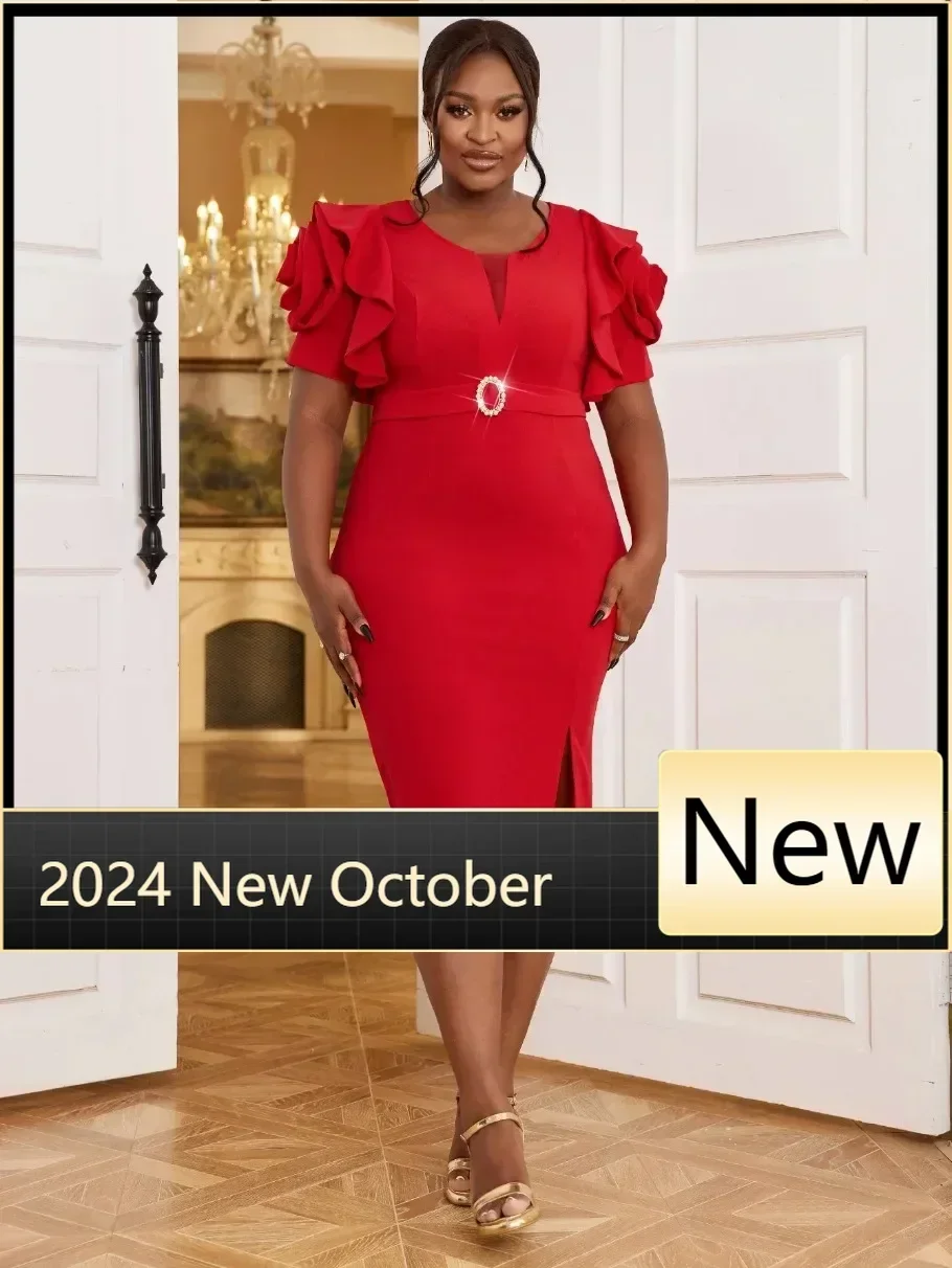 Vestido rojo ajustado para fiesta de Navidad para mujer, cuello redondo, flor rosa, manga corta, cintura alta, cinturón envolvente, ropa de cóctel para graduación y cumpleaños