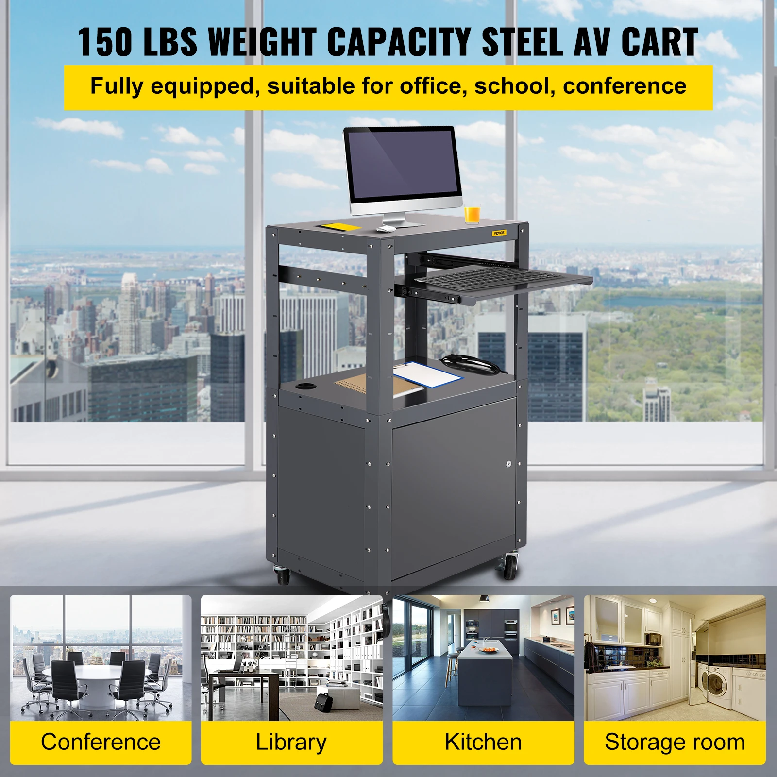 VEVOR Steel AV Cart 27-41" Height Adjustable Media Cart with Keyboard Tray and Locking Cabine for Conference Library Kitchen