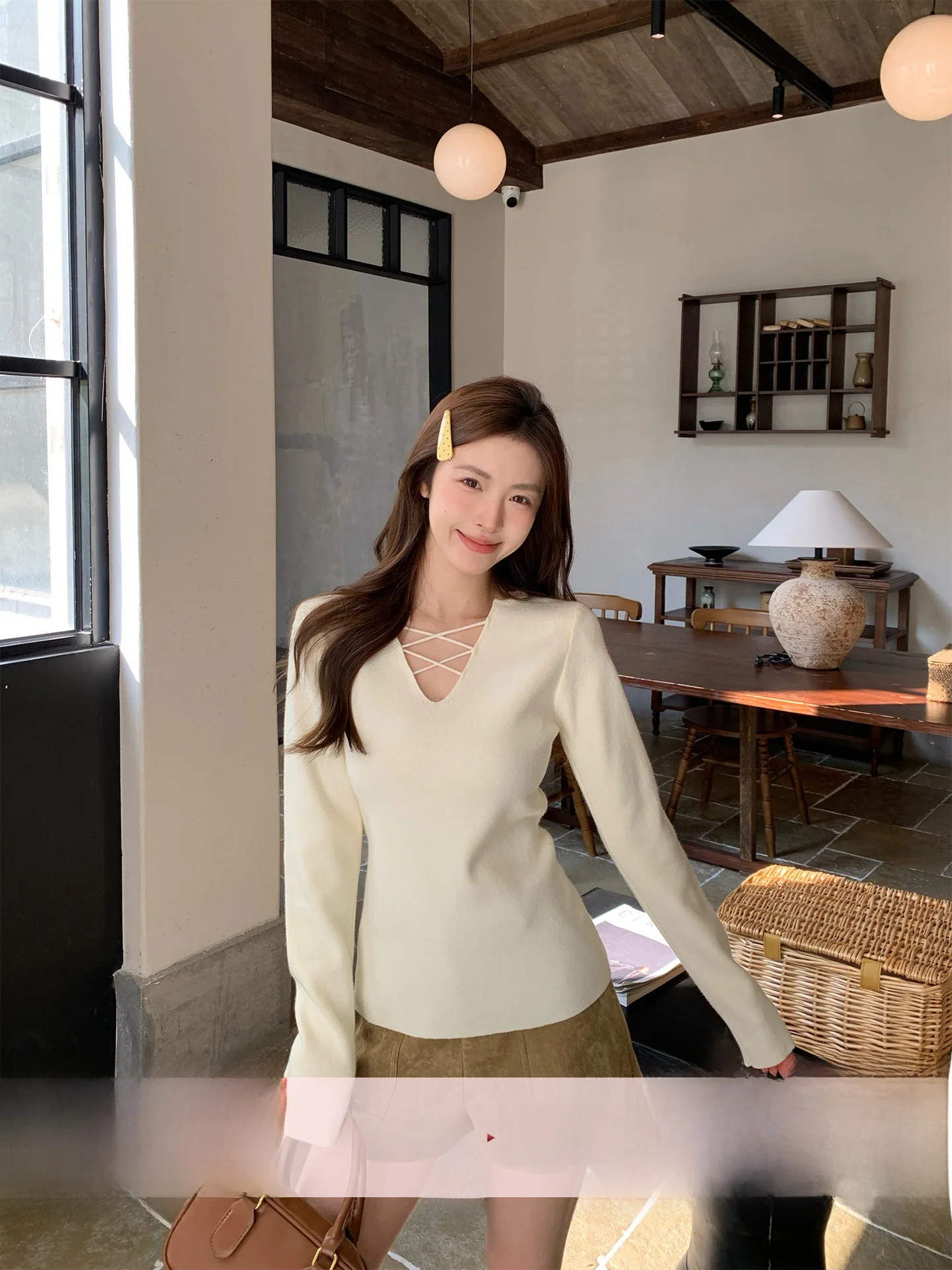 

Женская вязаная кофта Morning Bloom с длинным рукавом, V-образным вырезом, перекрестным дизайном, облегающая, повседневная, в корейском стиле, весна-осень