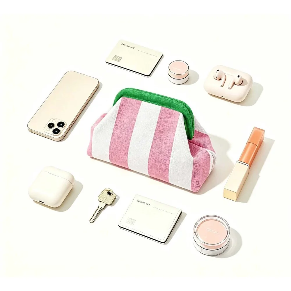 Neue gestreifte, frisch gefärbte gewebte Tasche für Damen, Fly-Knit Cloud Clasp, vielseitige, elegante Reise-Aufbewahrungstasche, Make-up-Tasche mit großer Kapazität, Handtasche. – Detail 5