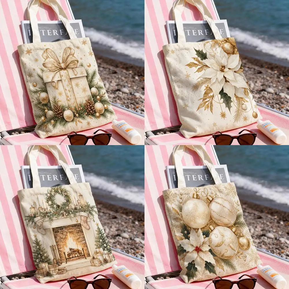 Watercolor Christmas Decor Storage Bags Storage Bags Canvas Tote Bag Large Capacity Shoulder Fashion Eco Shopping Handbag
