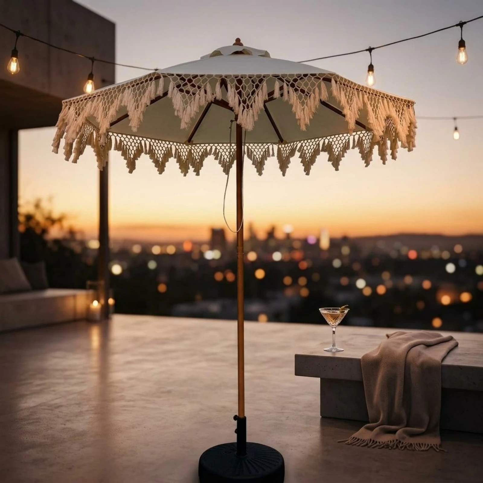 Fringed Sunshade Tassel Trim Round Sunshade Umbrella Wooden Garden Umbrella Light-Colored Outdoor Shade Freestanding
