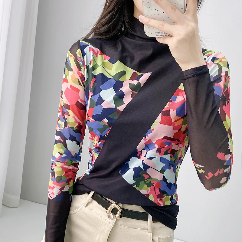 Y2K Western Style Mesh Tshirt Women High Neck Long Sleeve Positioning Flower Top European Autumn Winter Fashion