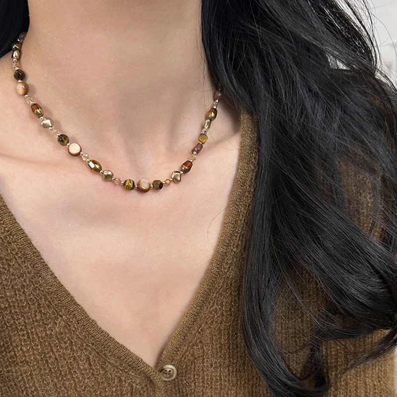 Vintage-Halskette mit braunem, natürlichem Tigeraugenstein für Damen, trendige, handgefertigte Perlenkette, Schmuckgeschenk. – Detail 4
