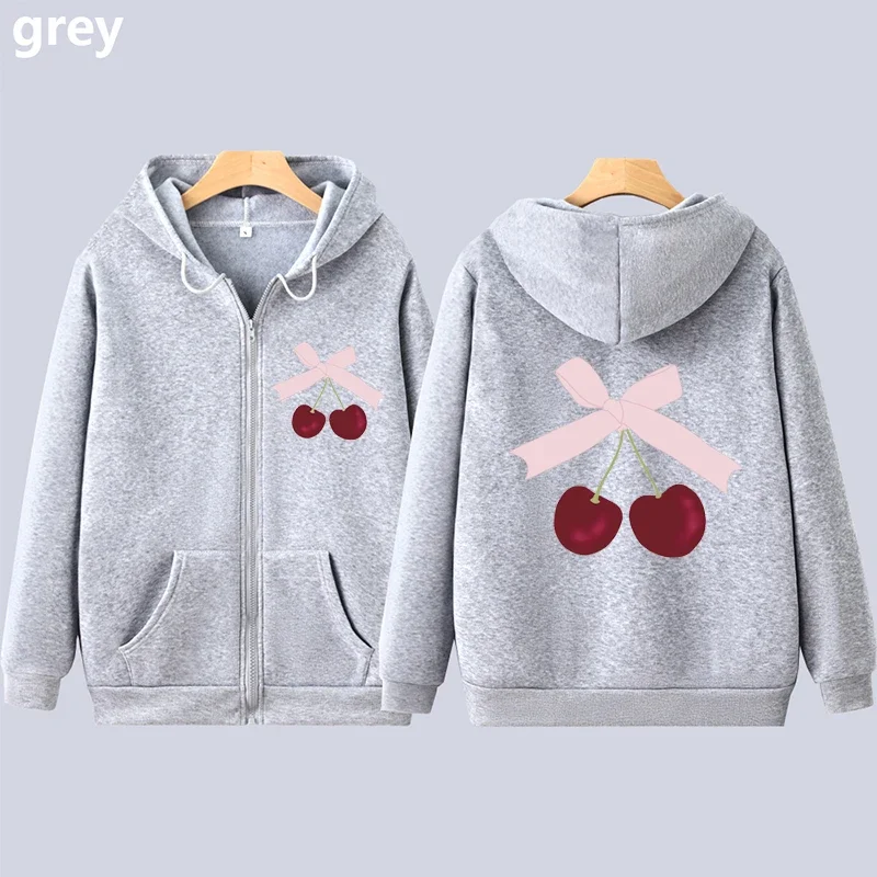 Cute Cartoon Bow Cherry Print Girl Cardigan Y2k Aesthetic Streetwear Women Hoodies Long Sleeves Zipper Coat Oversize Sweatshirt