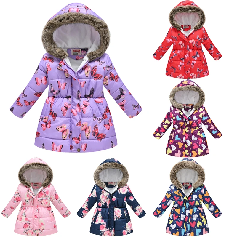 

Winter Girls Coat Fashion Prints Keep Warm Fur Collar Kids Jacket Hooded Zipper Outerwear New Children's Clothing 3-10 years old