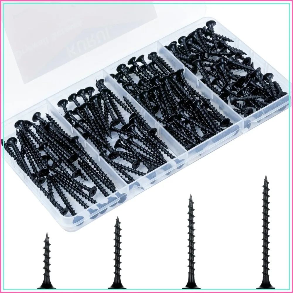 #6 Drywall Screws Assortment 165pcs, 4 Sizes 1-2 inch, Black Phosphate Coated for Wood & Sheetrock
