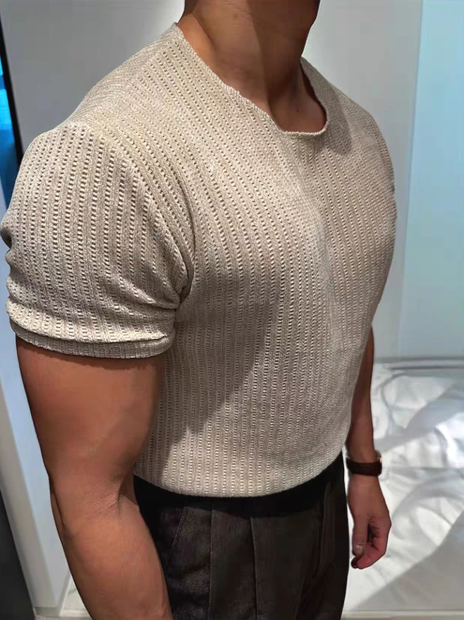 

Sexy See-tough Hollow-out Knitted ort-sved T-irt for Men Cool Thin Base Layer irt Trendy Muscle Fit Big Collar