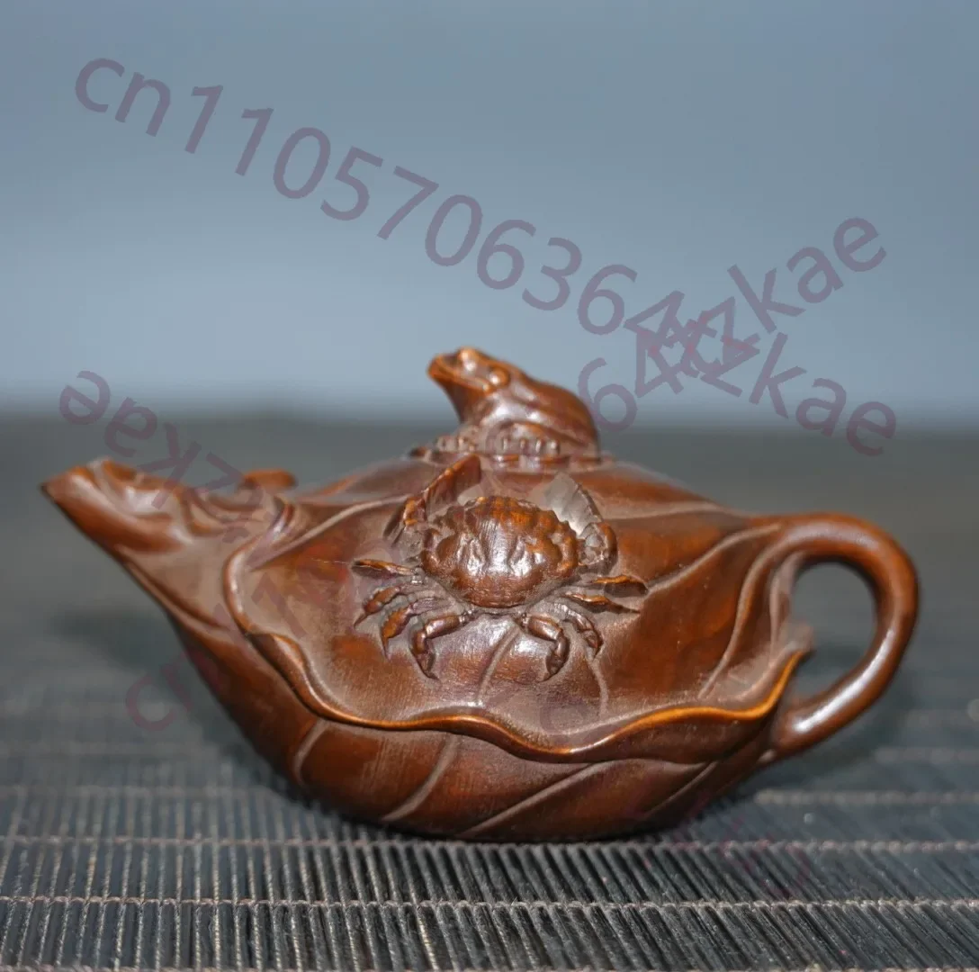 Chinese Antique Tea Pot Wooden Carving Comes with Wealth and Pot Decoration