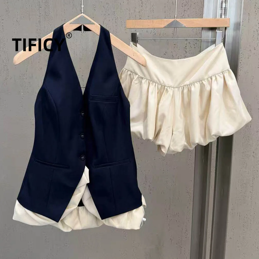 High Street French Style Socialite 2pcs Set Women's Summer Navy Blue Hanging Neck Vest Short Skirt Two-piece Set