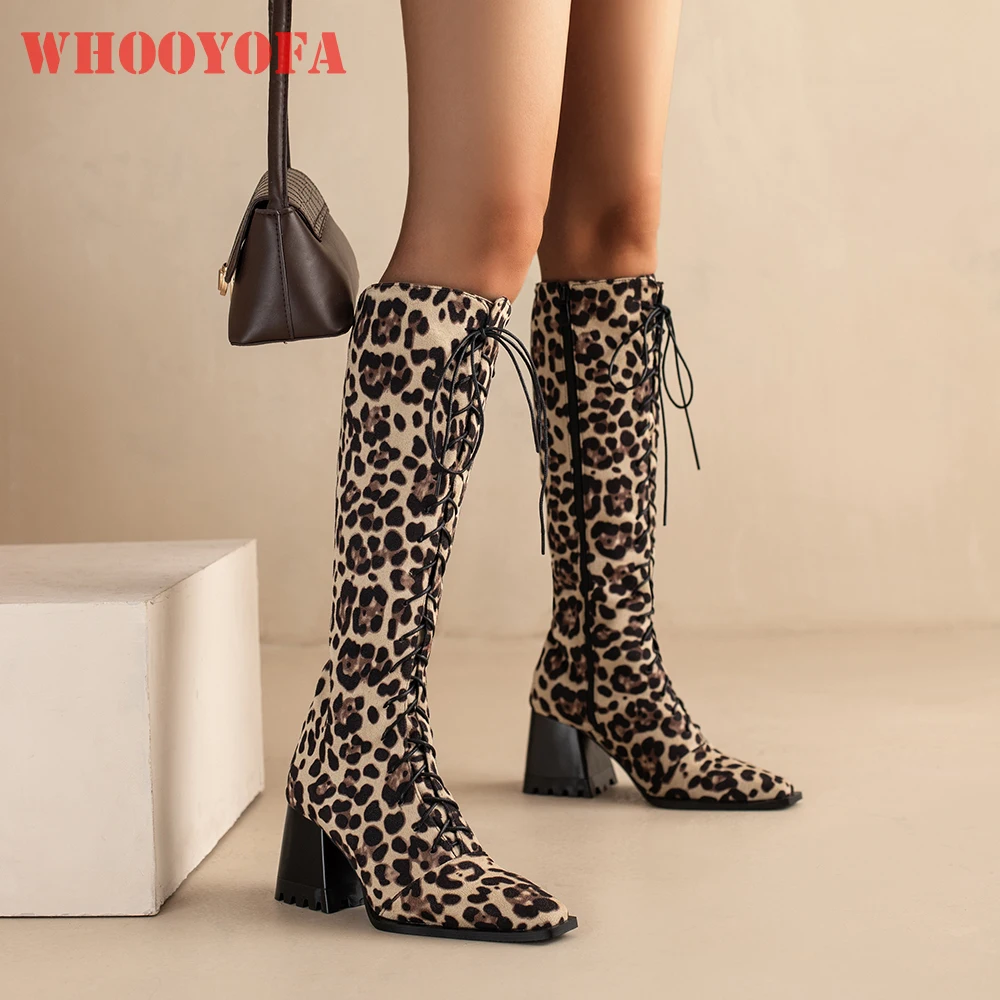 

Зимние пикантные леопардовые коричневые женские мотоциклетные сапоги до колена, женская повседневная обувь на высоком каблуке 3 дюйма, большие размеры 10 43 45 48