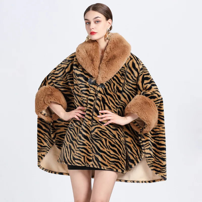 Women Shawl Coat Winter Thick Big Faux Fur Collar Outside Loose Cloak Warm Leopard Cloak Poncho