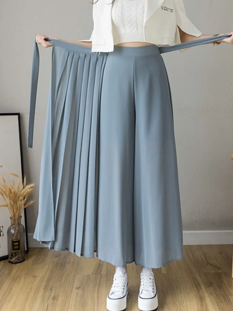 

Summer Elastic Pleated Skirt Women Capris Korean Chiffon Trouser Skirt High Waist Casual Wide Leg Pant Female Fashion Pant Skirt