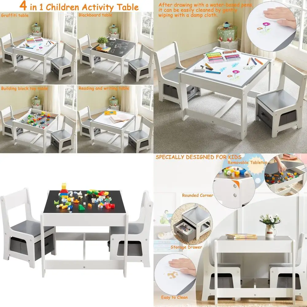 

3-in-1 Wooden Kids Activity Table with Storage, Play and Craft Station for Toddlers, Detachable Top for Nursery or Playroom (Gra