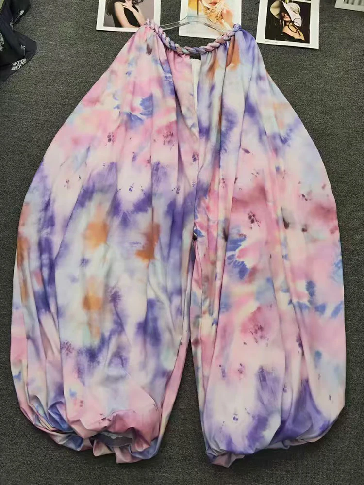 Mono Retro teñido anudado retorcido y sexy con hombros descubiertos, mono sin tirantes, falda holgada a la moda para mujer de otoño 2025