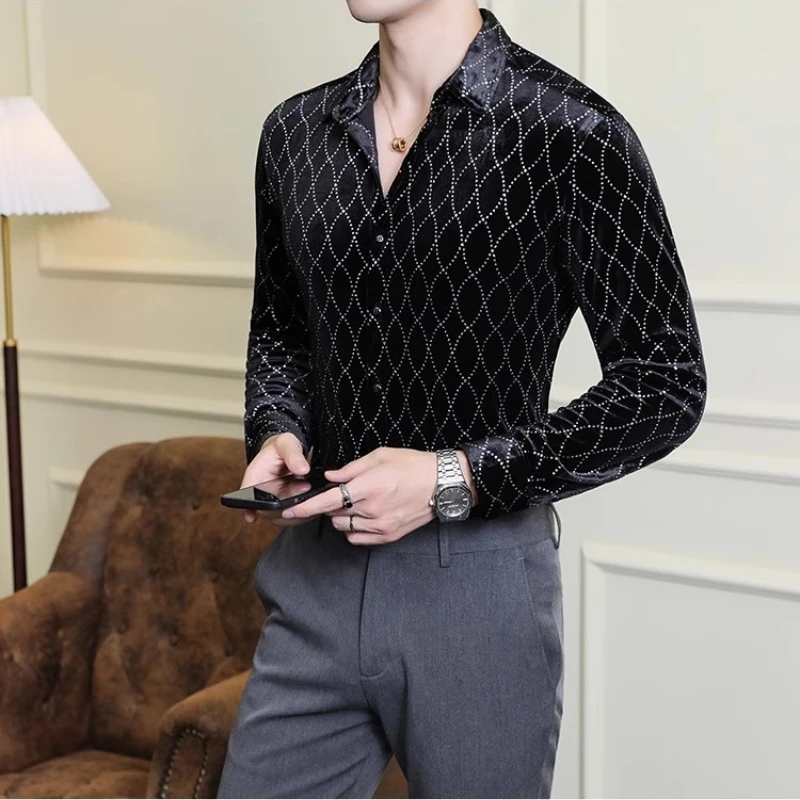 2023 Autumn Luxury Velvet Plaid Shirts Men Long Sleeved Casual Business Dress Shirts Fashion Slim Social Streetwear Men Clothing