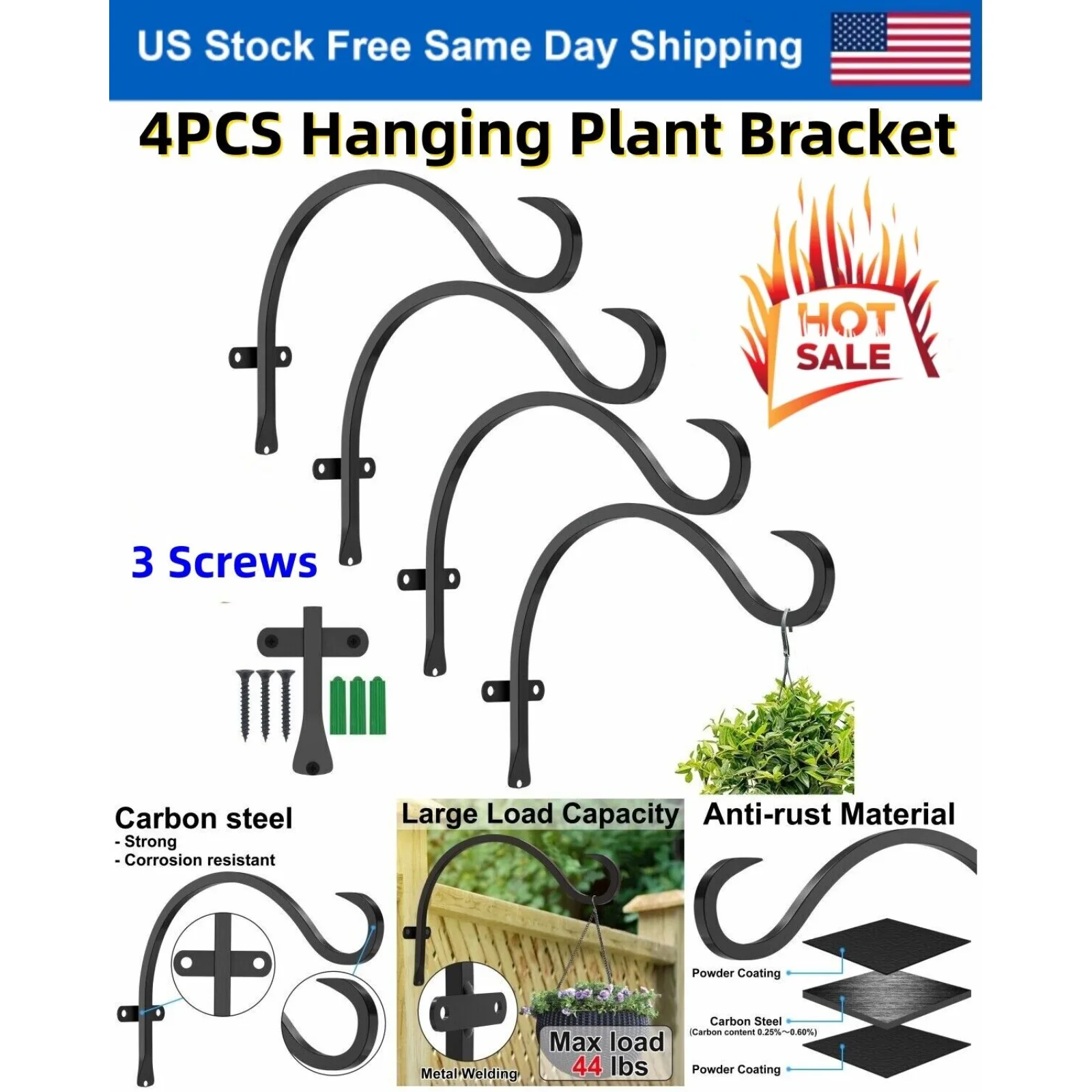 US Heavy Duty Plant Hanger Bracket, Cast Iron Hanging Flower Light Hooks, 4-Piece Set, 12 in