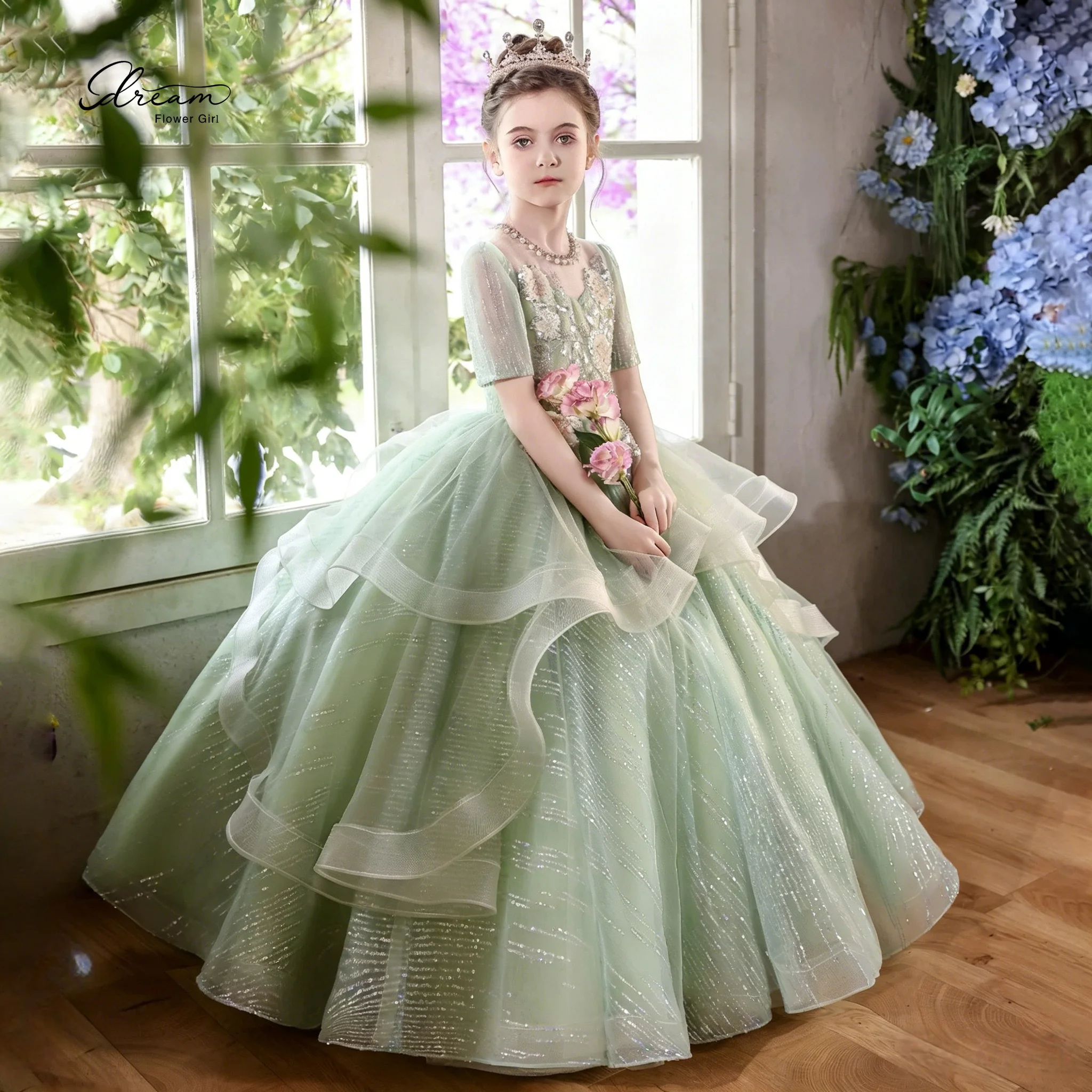 Green Chiffon Round Neck Short Sleeve Floor Length Ball Gown Children's Formal Dress with Tulle and Embroidery Design