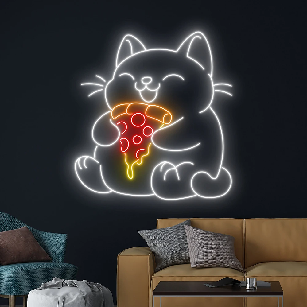 Cat Eating Pizza Neon Sign Custom Pizza Restaurant Decor Neon Pizza Shop Fast Food Store Decoration Cat Animal Neon LED Light