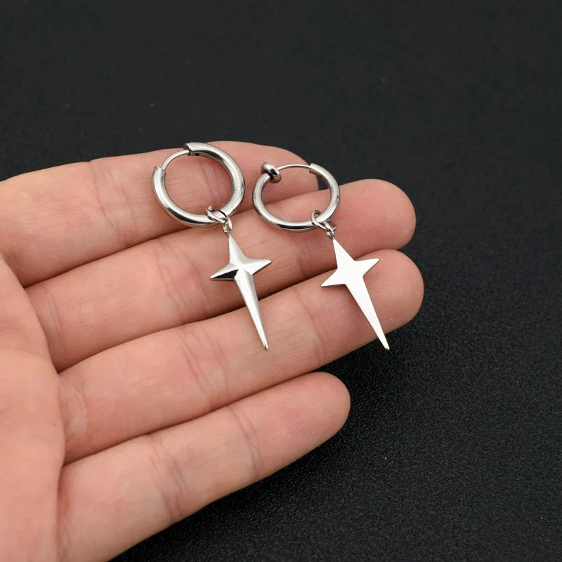 Stainless Steel 3D Cross Star Dangle Pendent Earrings Hoop Titanium Steel Earrings Hip-hop Punk Ear Clips without Ear Holes Men