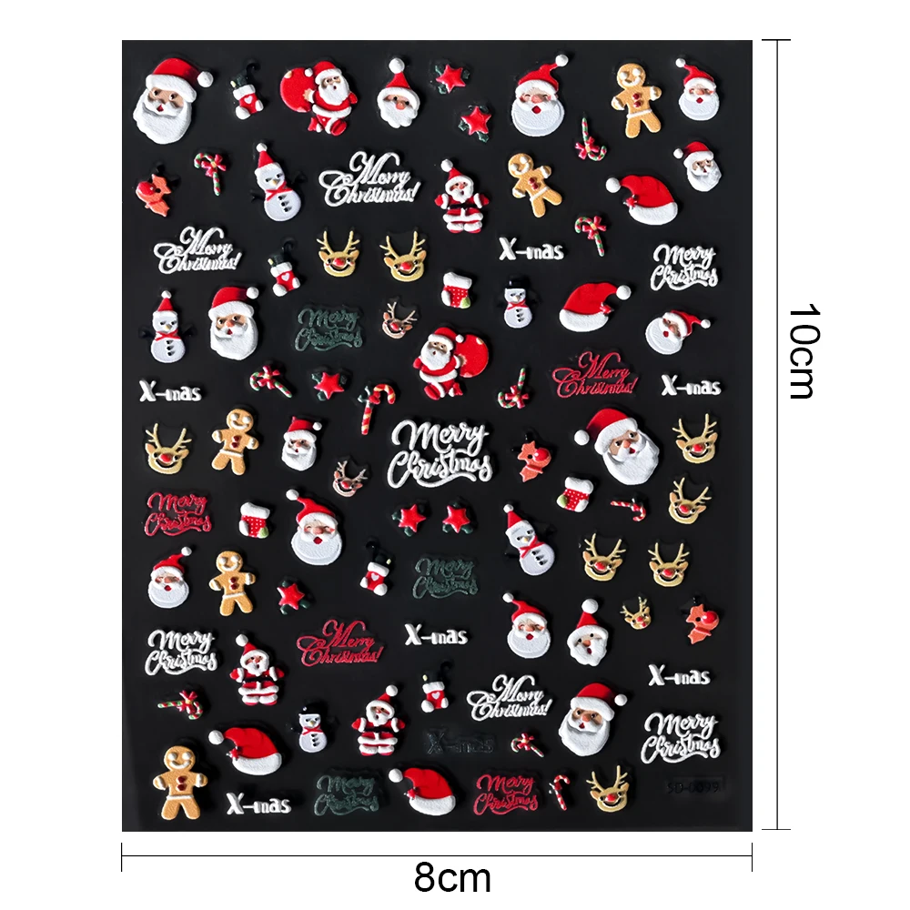 1Pcs 2024 Christmas 5D Embossed Nail Art Stickers Cartoon Santa Claus/Snowflake/Elk Design Decals Xmas/Winter/New Year Sticker