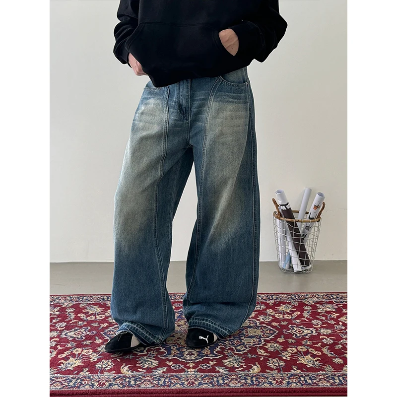 

American High Street Deconstructed Design Vintage Blue Knife Men's Wide Leg Loose Straight Banana Long Jeans