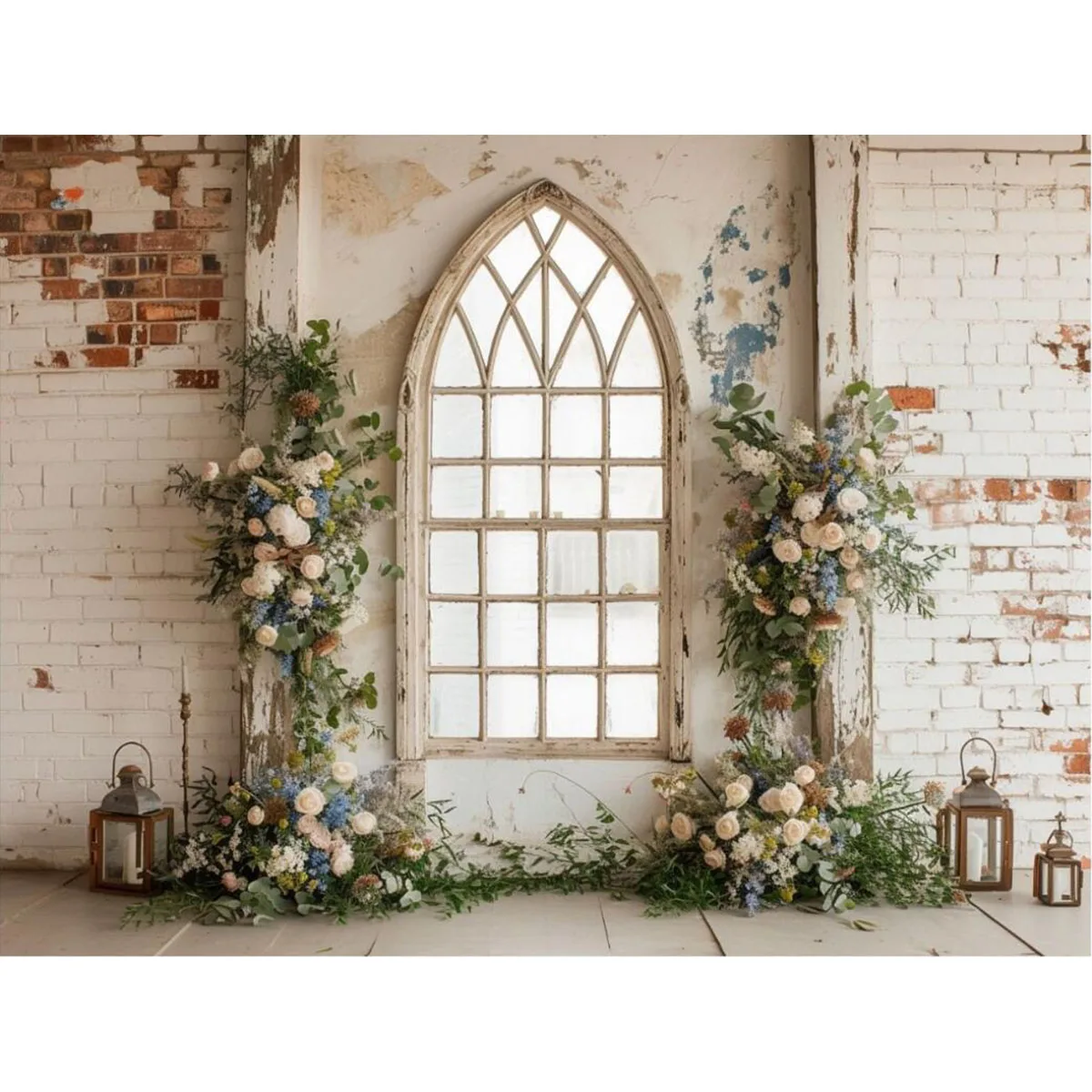 Mehofond Spring Backdrop Rustic Brick Wall Floral Window Wedding Maternity Background for Photography Photo Studio Photocall