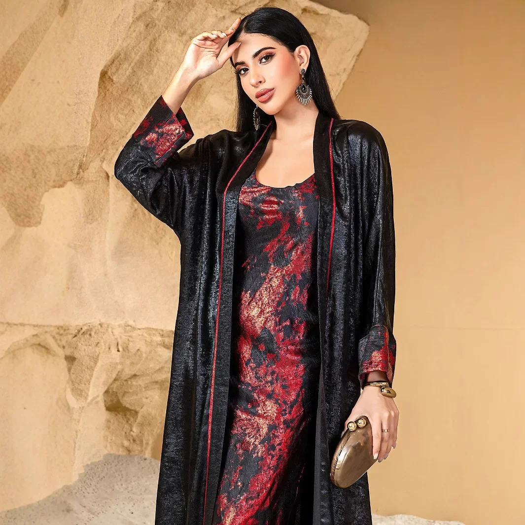 

Комплект из 2 предметов: Элегантная черная абайя в дубайском стиле и внутреннее платье, мусульманский женский кимоно-кардиган, абайя-халат, кебайя, марокканский кафтан, исламская джалабия