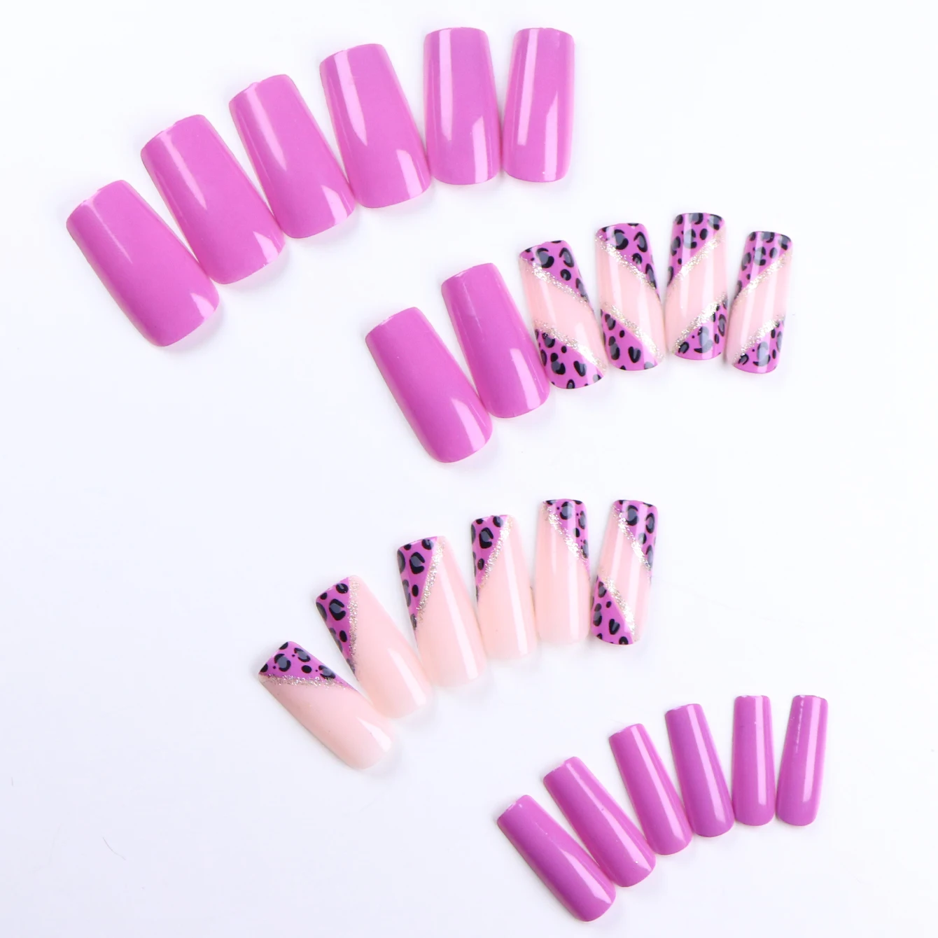 24 قطعة من الأظافر الفرنسية المدببة المتوسطة اللوزية المزيفة بطبعة الفهد الوردي وتصميم فلاش للأظافر من الأكريليك