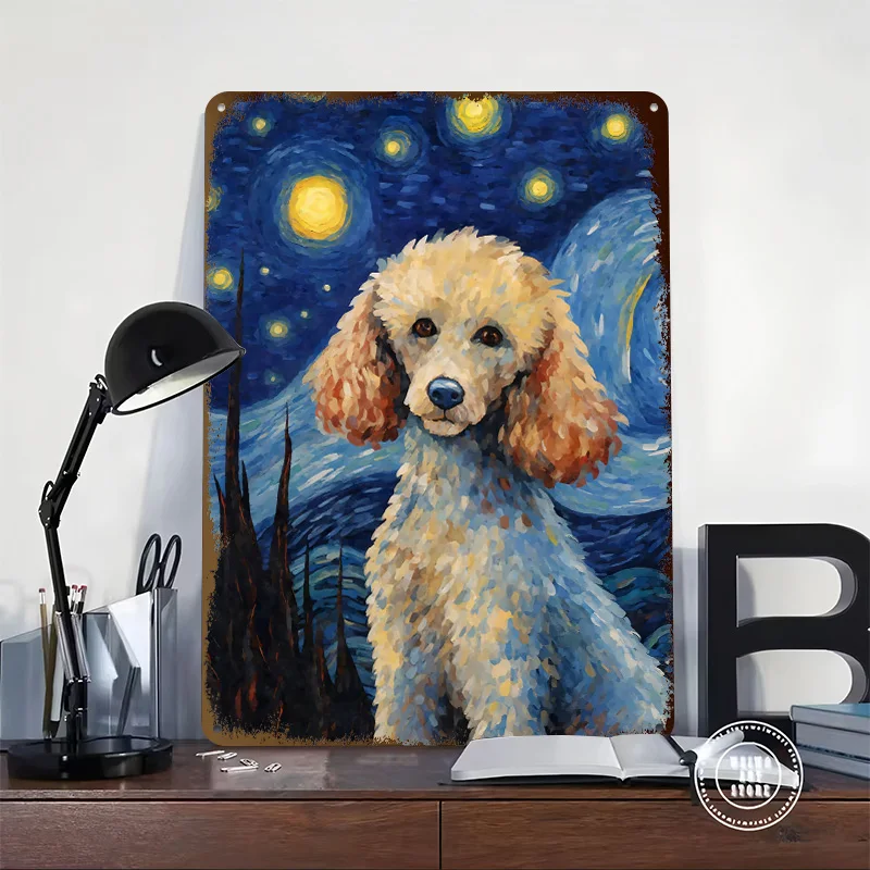 Poodle Dog Starry Night Metal Poster Custom Wall Art Retro Vintage Tinplate Signs for Living Room Decorations Luxury Decoration