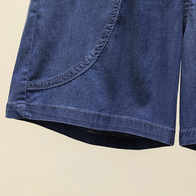 شورت دنيم نسائي مرن بسيط عالي الخصر ، ساق عريضة فضفاضة رفيعة ، جيب مرقع ، أحادي اللون ، كبير ، جديد ، الصيف ،